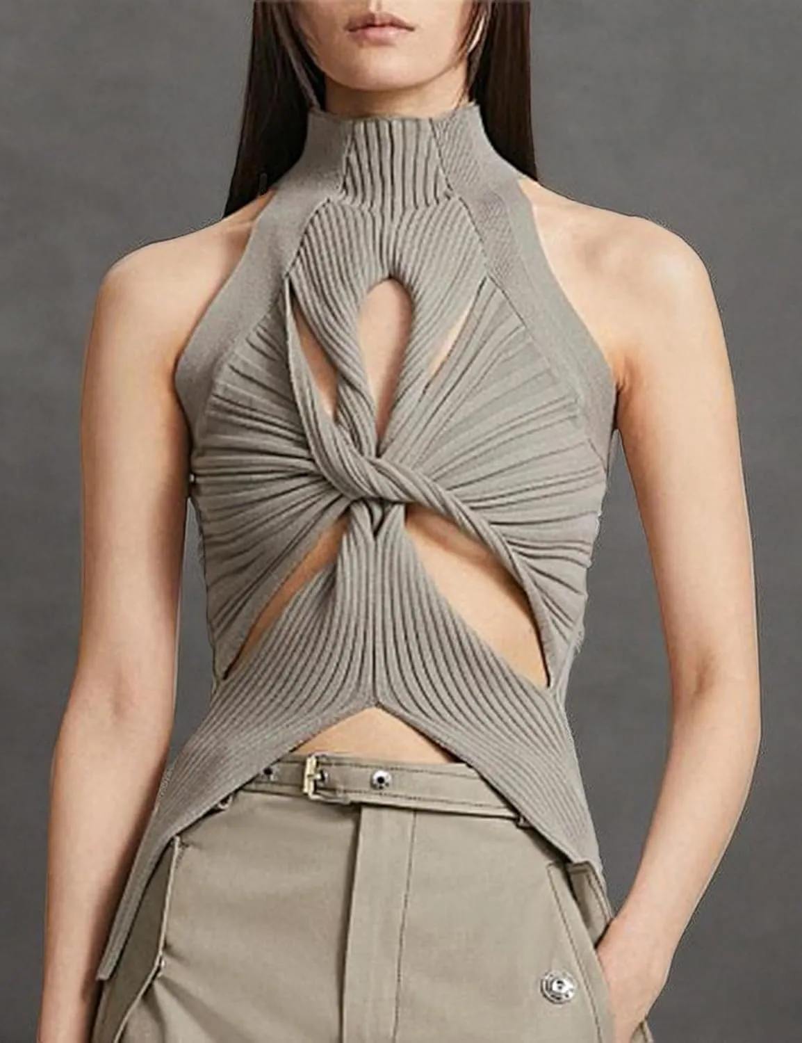 SAFRISIOR Women Sexy Hollow Out Twist Front Knitted Tank Tops Sleeveless High Neck Cut Out Sweater Vest