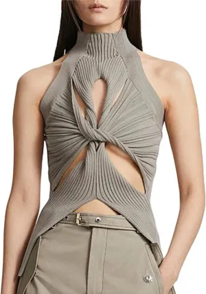 SAFRISIOR Women Sexy Hollow Out Twist Front Knitted Tank Tops Sleeveless High Neck Cut Out Sweater Vest