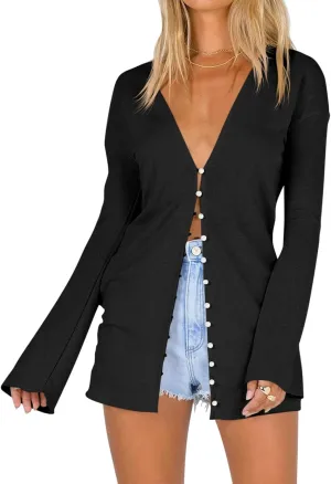Saodimallsu Women Deep V Neck Cardigan Lightweight Button Down Long Sleeve Loose Open Front Knit Summer Shirts