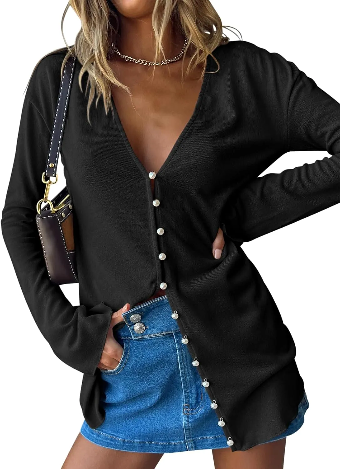 Saodimallsu Women Deep V Neck Cardigan Lightweight Button Down Long Sleeve Loose Open Front Knit Summer Shirts