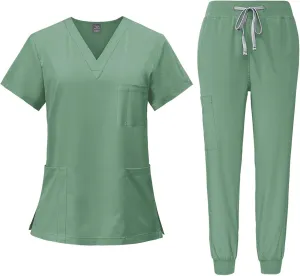 Scrubs for Women Set Stretch V-Neck Scrub Top & Jogger Pant Medical Uniform Scrub Sets for Woman with Pockets