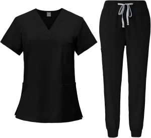 Scrubs for Women Set Stretch V-Neck Scrub Top & Jogger Pant Medical Uniform Scrub Sets for Woman with Pockets