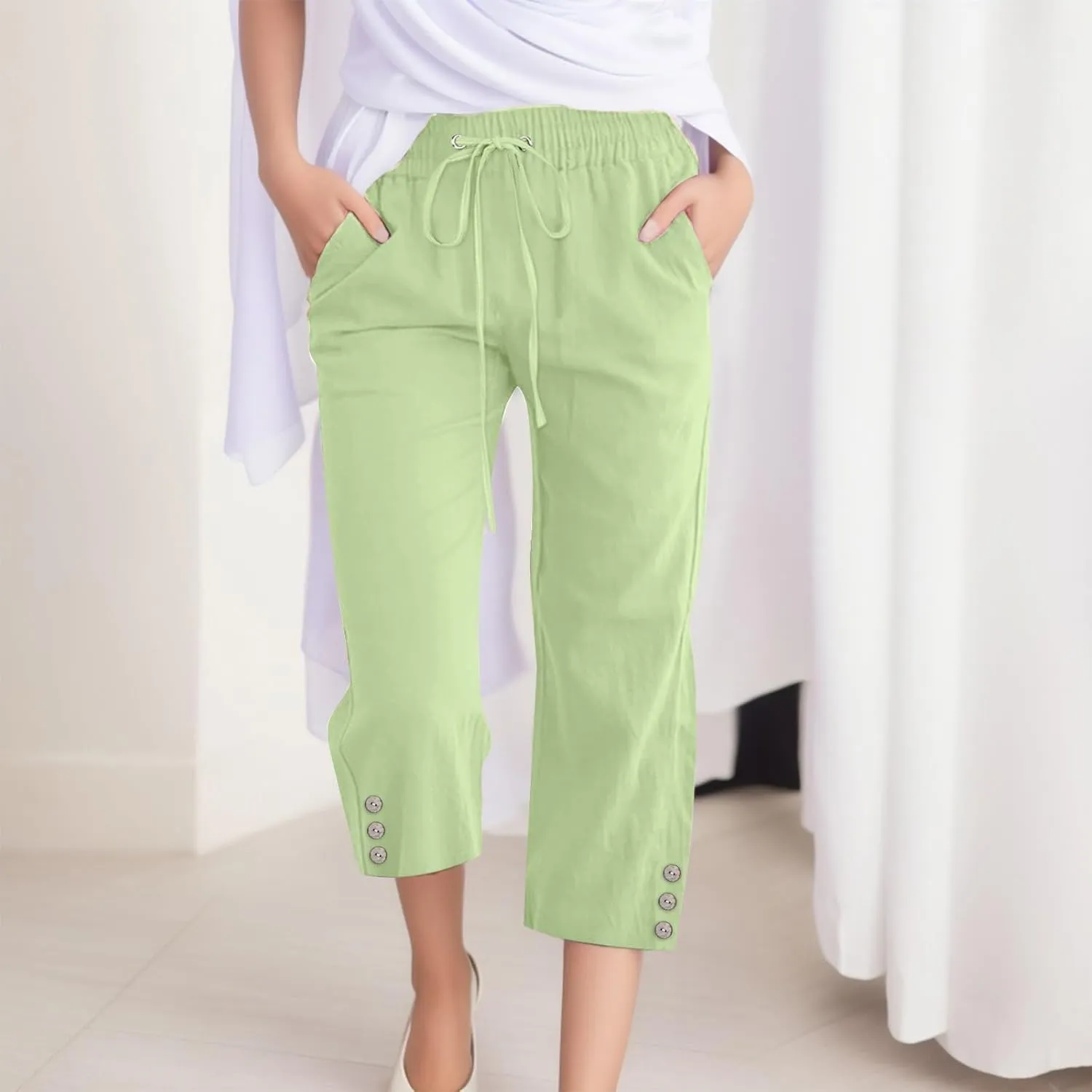sdbrld Linen Pants for Women,Womens Casual Capris Pants High Waist Drawstring Pants Lightweight Buttons Trousers with Pockets