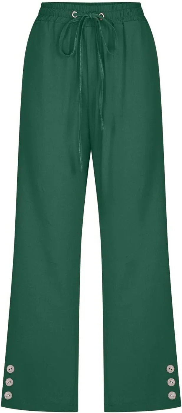 sdbrld Linen Pants for Women,Womens Casual Capris Pants High Waist Drawstring Pants Lightweight Buttons Trousers with Pockets