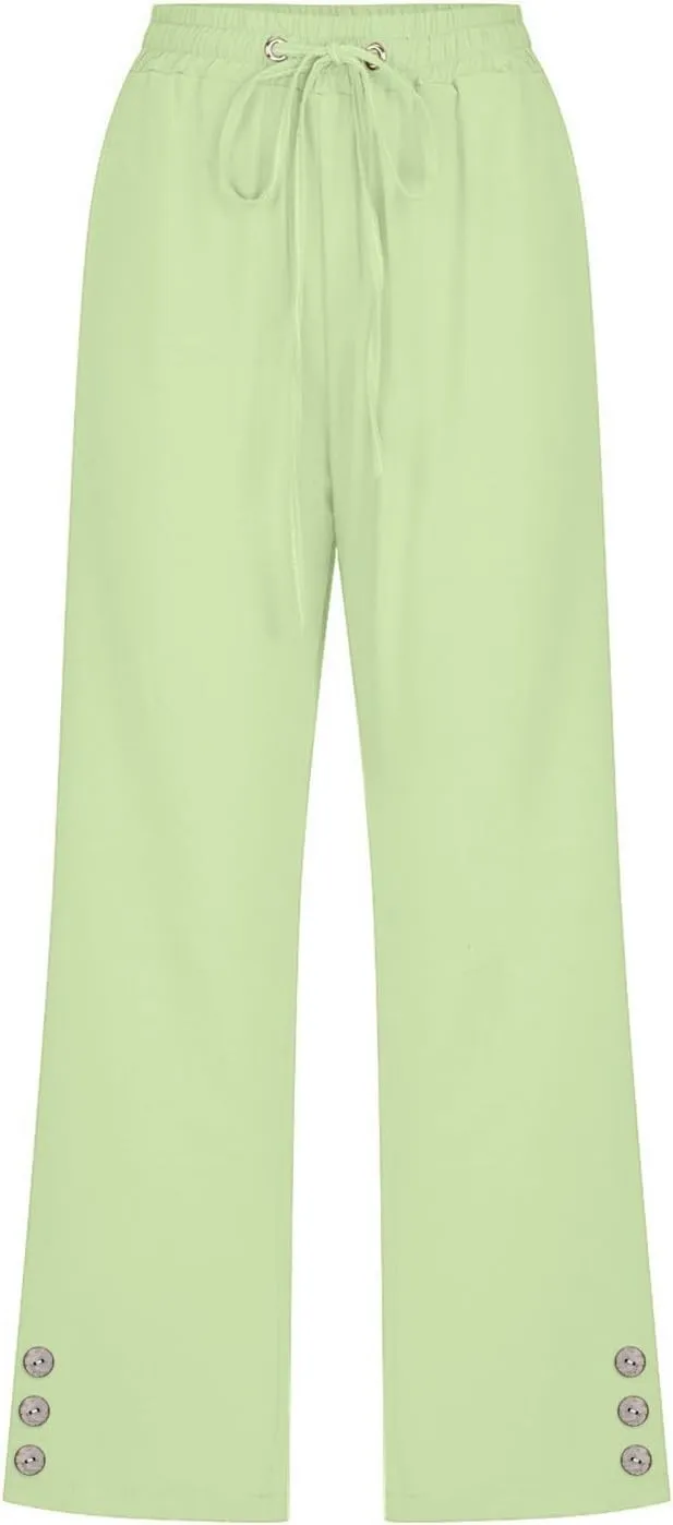 sdbrld Linen Pants for Women,Womens Casual Capris Pants High Waist Drawstring Pants Lightweight Buttons Trousers with Pockets