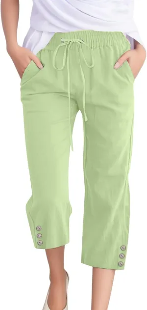 sdbrld Linen Pants for Women,Womens Casual Capris Pants High Waist Drawstring Pants Lightweight Buttons Trousers with Pockets