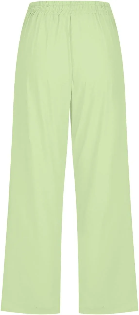 sdbrld Linen Pants for Women,Womens Casual Capris Pants High Waist Drawstring Pants Lightweight Buttons Trousers with Pockets