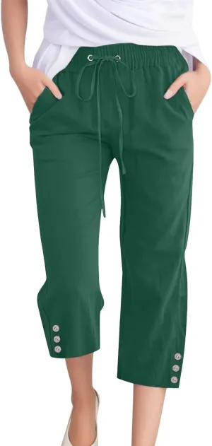 sdbrld Linen Pants for Women,Womens Casual Capris Pants High Waist Drawstring Pants Lightweight Buttons Trousers with Pockets