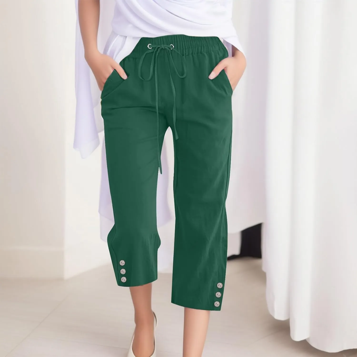 sdbrld Linen Pants for Women,Womens Casual Capris Pants High Waist Drawstring Pants Lightweight Buttons Trousers with Pockets