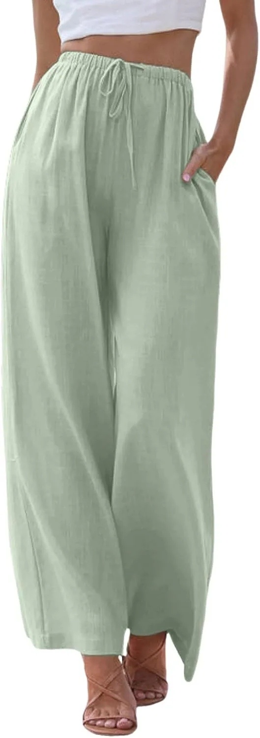 sdbrld Pantalones De Lino De Las Mujeres Linen Wide Leg Pants for Women Shorts Linen Pants Women Summer,Womens Linen Pants with Pockets High Waist Adjustable Knot Casual Trousers (Z41-Green, L)