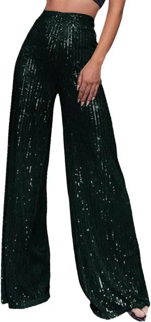 Sequin Pants Women Fashion High Waist Flowy Pants Sparkly Wide Leg Trousers Elastic Loose Side Zipper Shiny Pants