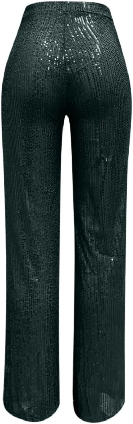 Sequin Pants Women Fashion High Waist Flowy Pants Sparkly Wide Leg Trousers Elastic Loose Side Zipper Shiny Pants