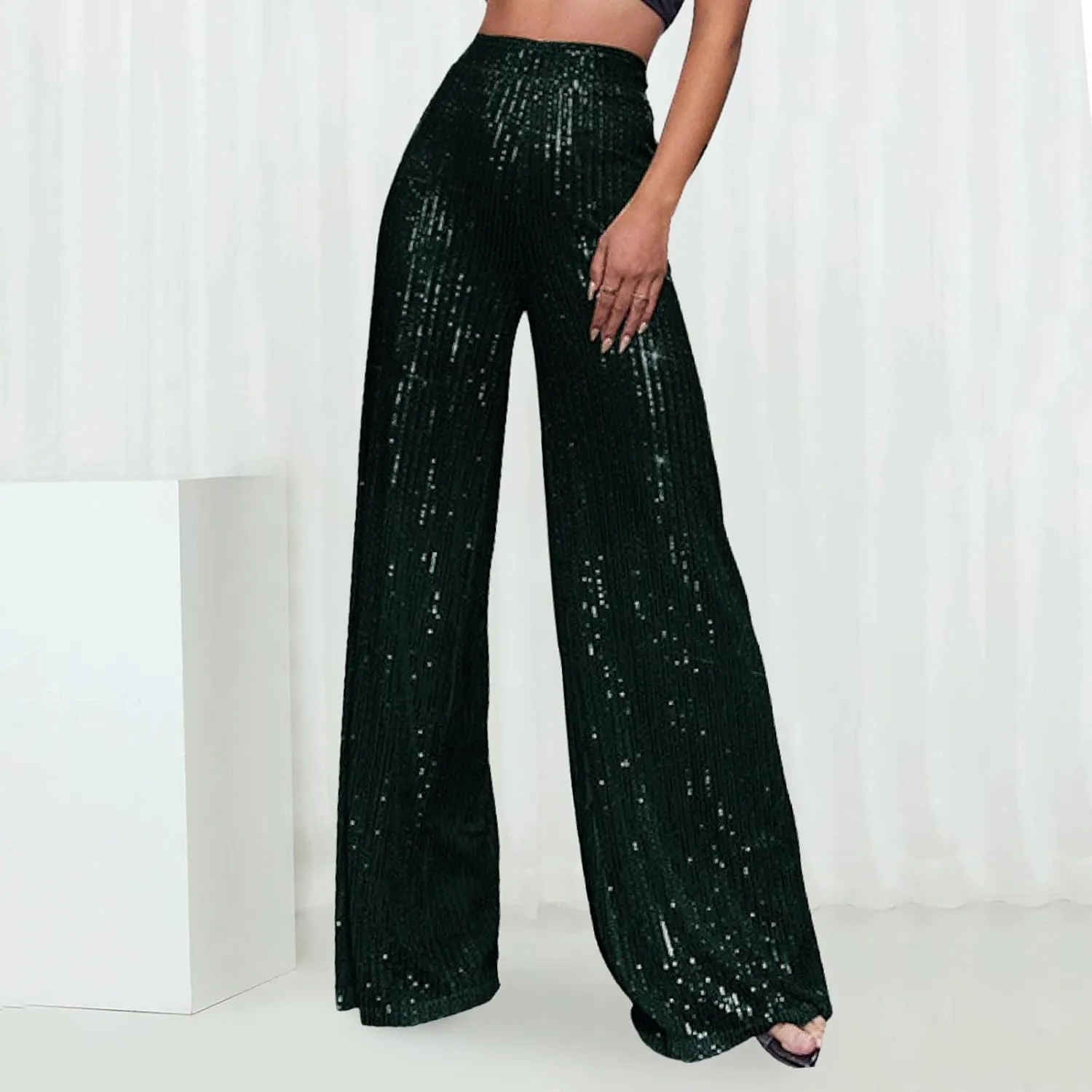 Sequin Pants Women Fashion High Waist Flowy Pants Sparkly Wide Leg Trousers Elastic Loose Side Zipper Shiny Pants