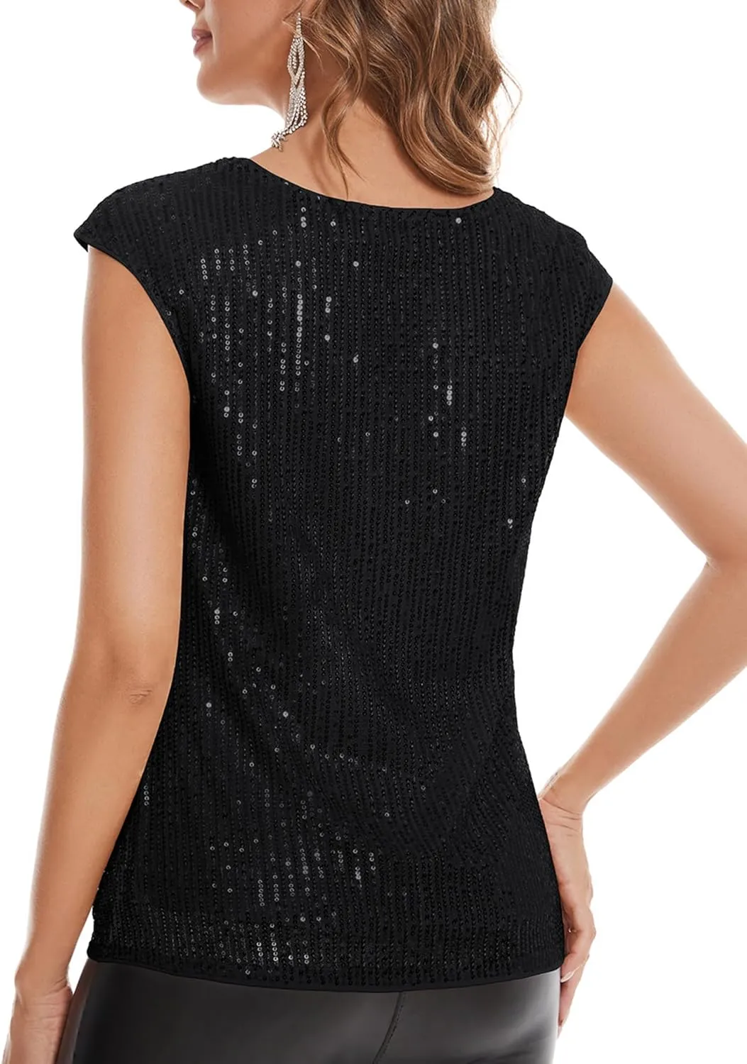 Sequin Tops for Women Cowl Neck Cap Sleeve Sparkly Top Glitter Evening Cocktail Blouse Club Party Shirt