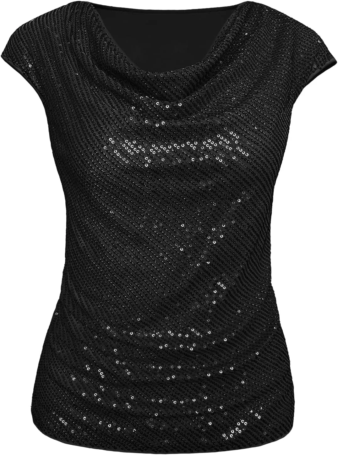 Sequin Tops for Women Cowl Neck Cap Sleeve Sparkly Top Glitter Evening Cocktail Blouse Club Party Shirt