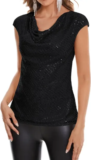 Sequin Tops for Women Cowl Neck Cap Sleeve Sparkly Top Glitter Evening Cocktail Blouse Club Party Shirt