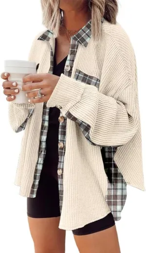 SHEWIN Womens Waffle Knit Plaid Shacket Boyfriend Button Down Shirt Jacket Loose Long Sleeve Tops