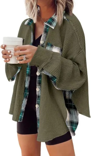 SHEWIN Womens Waffle Knit Plaid Shacket Boyfriend Button Down Shirt Jacket Loose Long Sleeve Tops