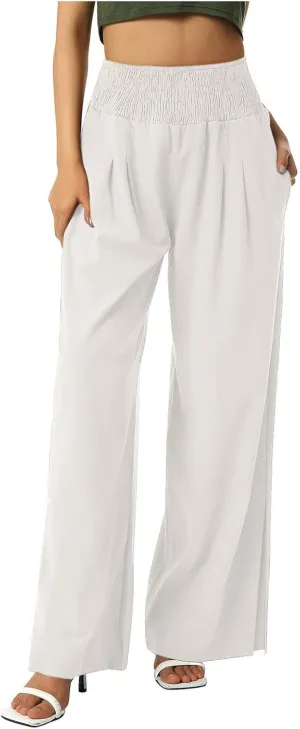 SMIDOW High Waist Wide Leg Cotton Linen Pants for Women Casual Loose Flowy Long Lounge Pant with Slit Flowy Trousers