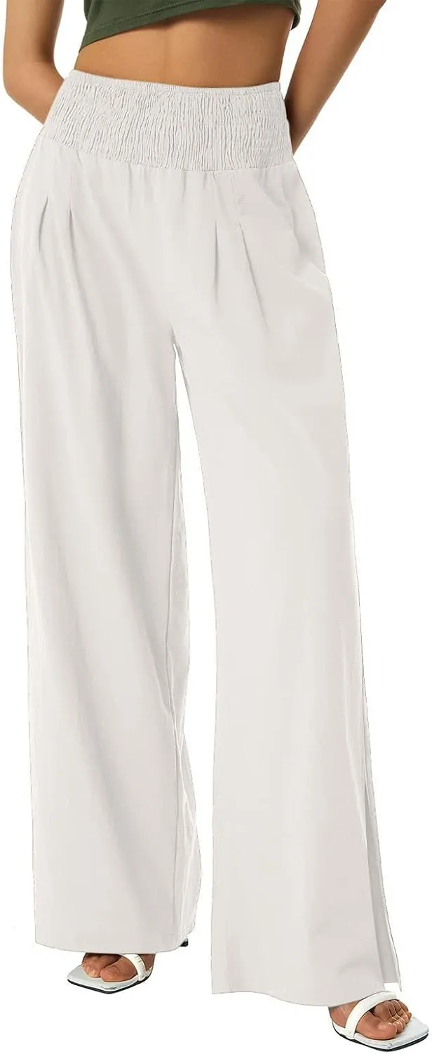 SMIDOW High Waist Wide Leg Cotton Linen Pants for Women Casual Loose Flowy Long Lounge Pant with Slit Flowy Trousers