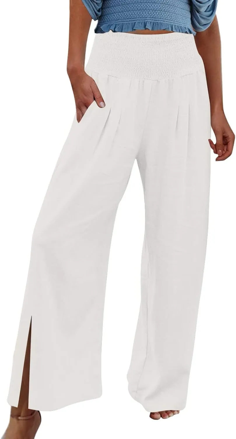 SMIDOW High Waist Wide Leg Cotton Linen Pants for Women Casual Loose Flowy Long Lounge Pant with Slit Flowy Trousers