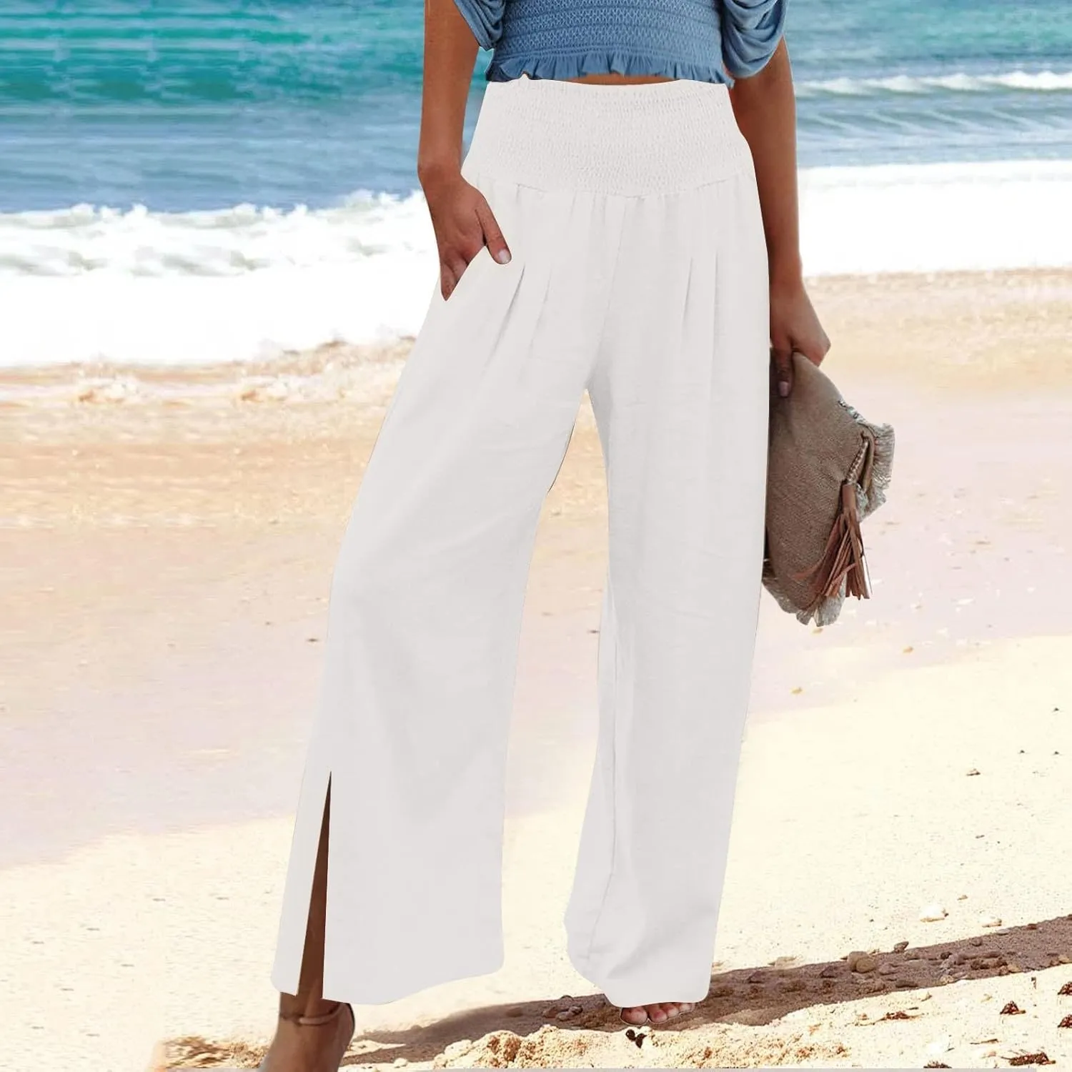 SMIDOW High Waist Wide Leg Cotton Linen Pants for Women Casual Loose Flowy Long Lounge Pant with Slit Flowy Trousers
