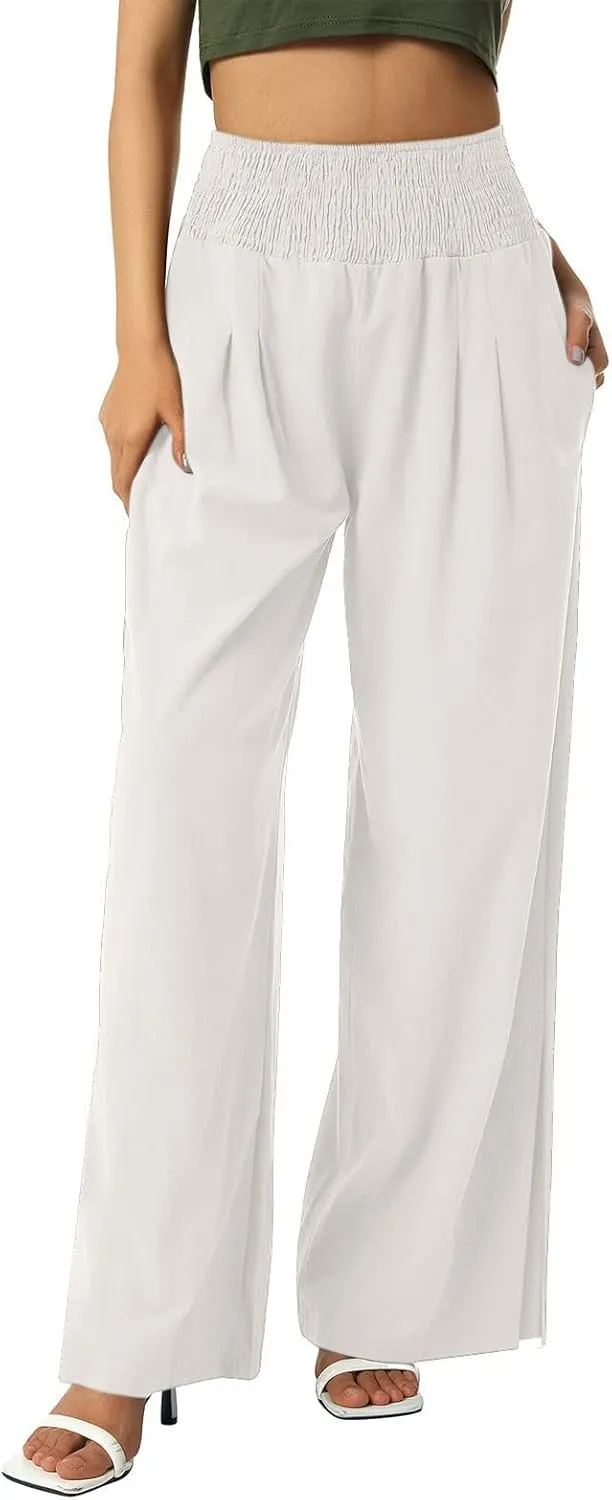 SMIDOW High Waist Wide Leg Cotton Linen Pants for Women Casual Loose Flowy Long Lounge Pant with Slit Flowy Trousers
