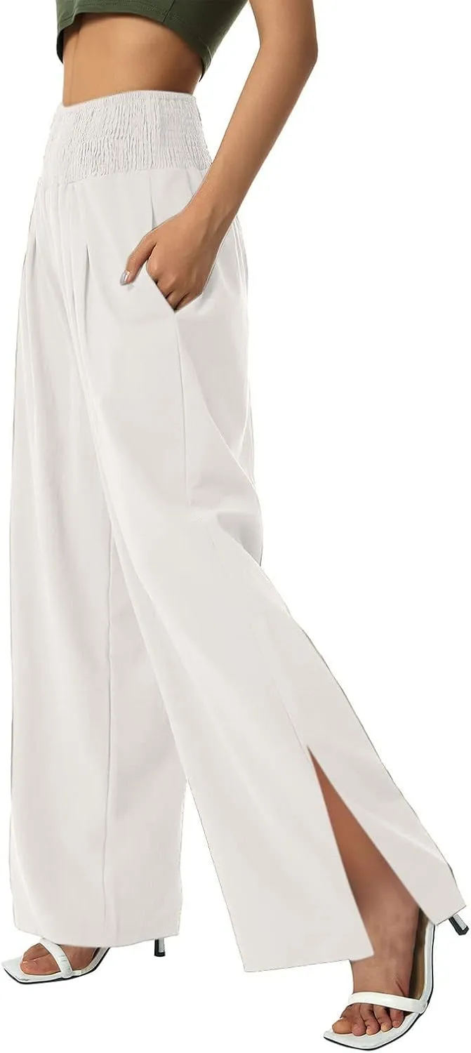 SMIDOW High Waist Wide Leg Cotton Linen Pants for Women Casual Loose Flowy Long Lounge Pant with Slit Flowy Trousers