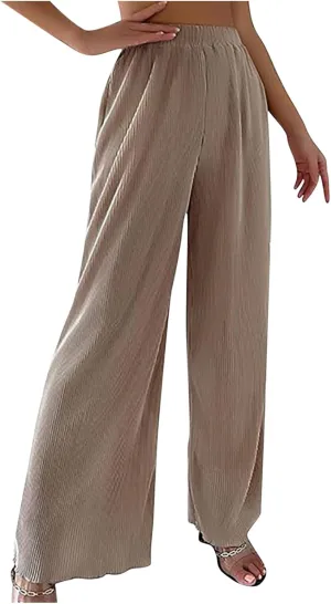 SMIDOW Womens Fashion Wide Leg Pants Casual Loose Elastic High Waist Palazzo Lounge Pants Solid Bootcut Trousers