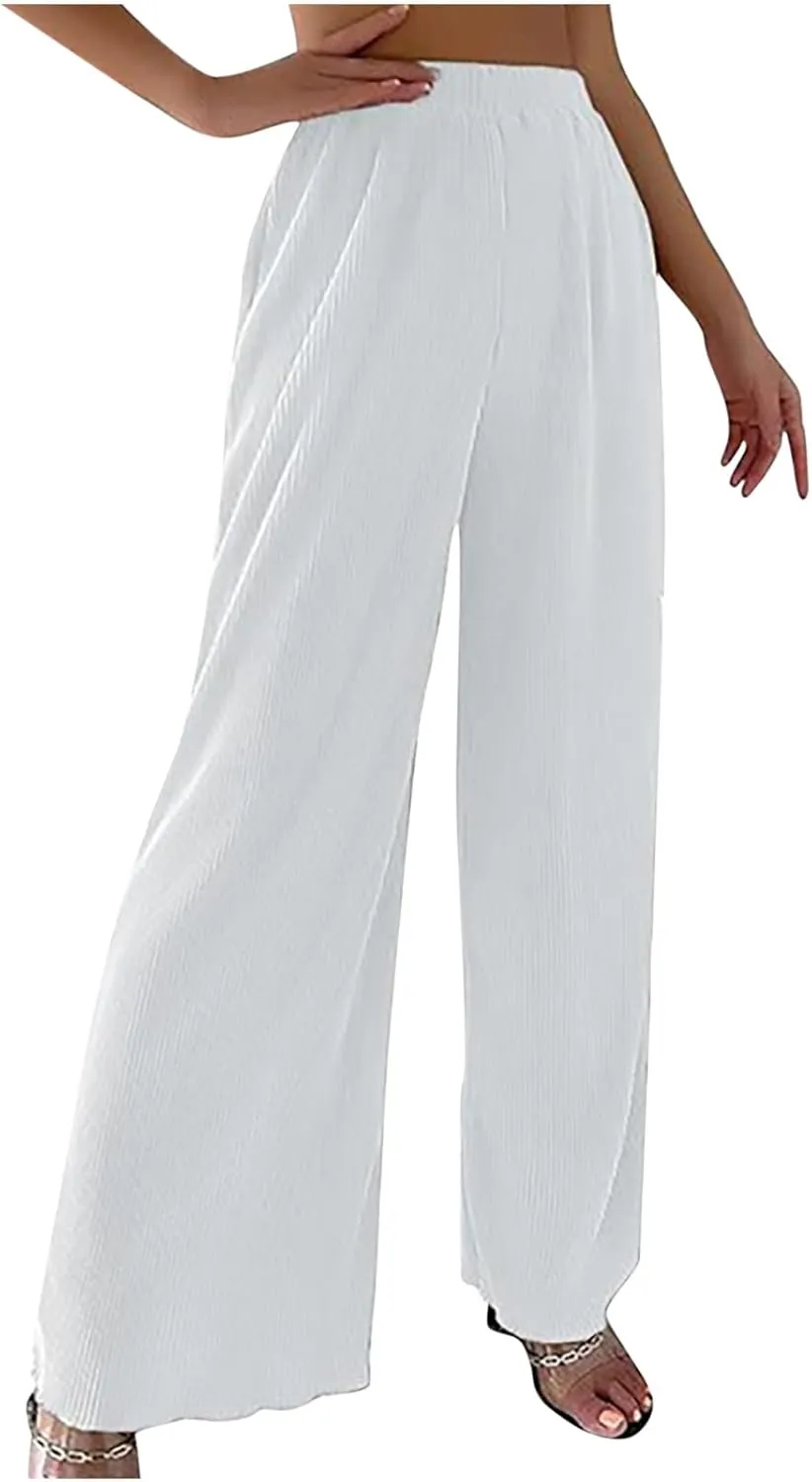 SMIDOW Womens Fashion Wide Leg Pants Casual Loose Elastic High Waist Palazzo Lounge Pants Solid Bootcut Trousers