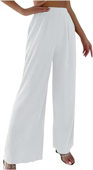 SMIDOW Womens Fashion Wide Leg Pants Casual Loose Elastic High Waist Palazzo Lounge Pants Solid Bootcut Trousers