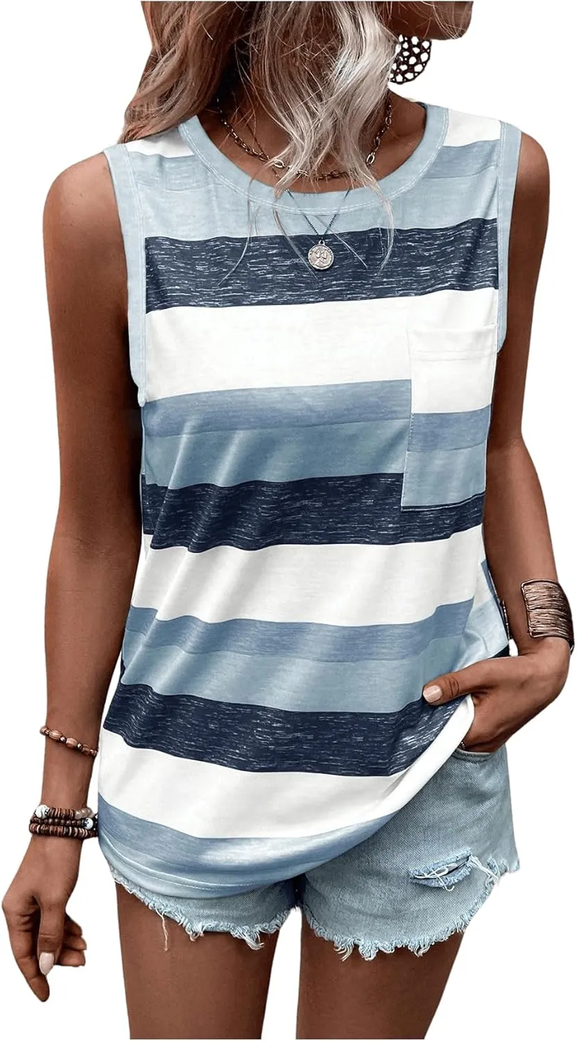 SOLY HUX Women's Color Block Striped Tank Tops Sleeveless Pocket Front Summer Top