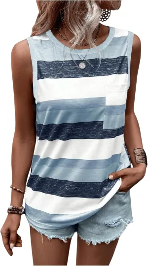 SOLY HUX Women's Color Block Striped Tank Tops Sleeveless Pocket Front Summer Top