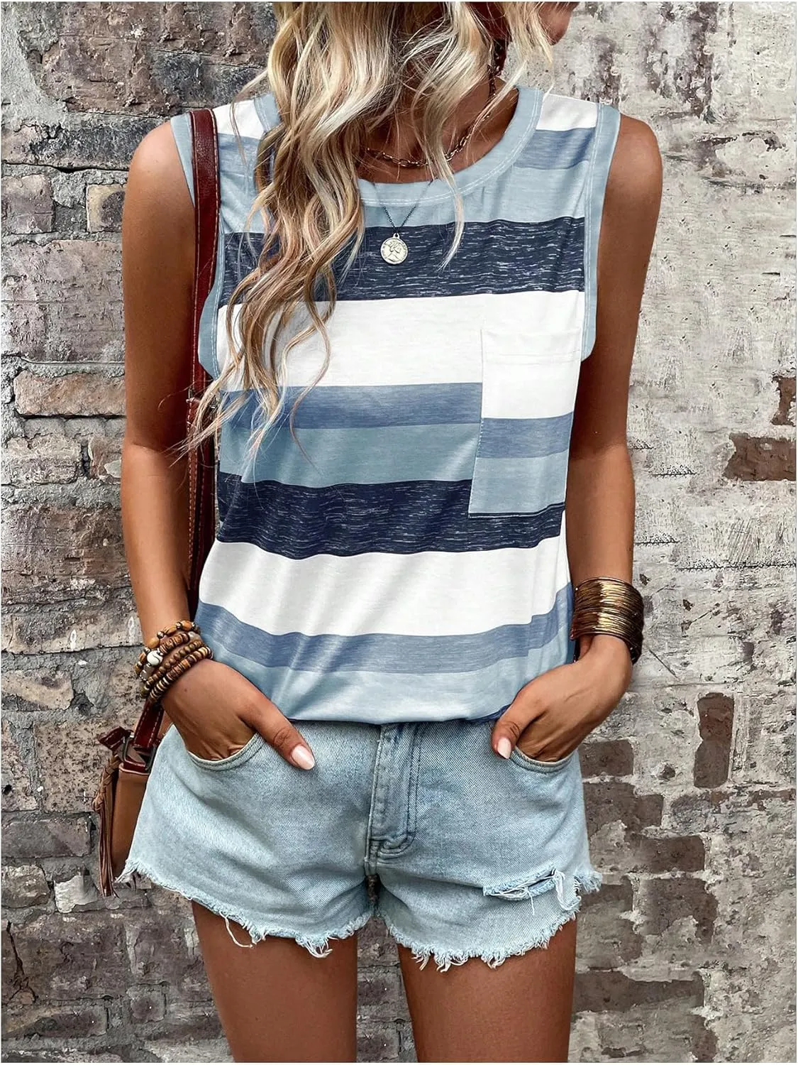 SOLY HUX Women's Color Block Striped Tank Tops Sleeveless Pocket Front Summer Top