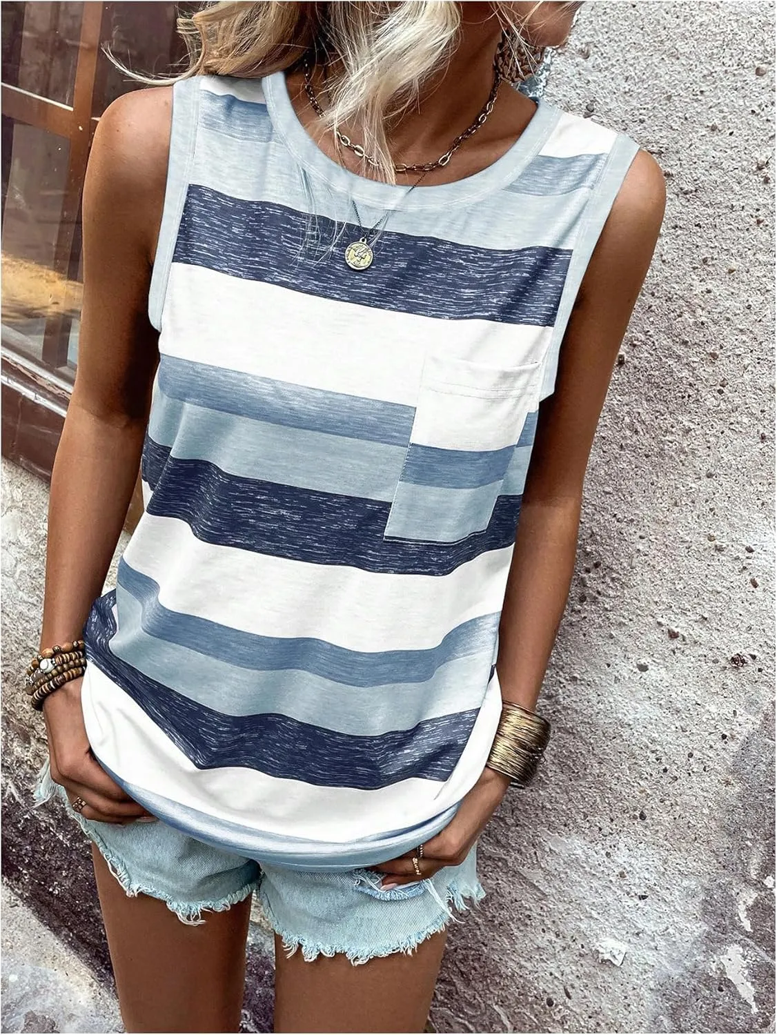 SOLY HUX Women's Color Block Striped Tank Tops Sleeveless Pocket Front Summer Top