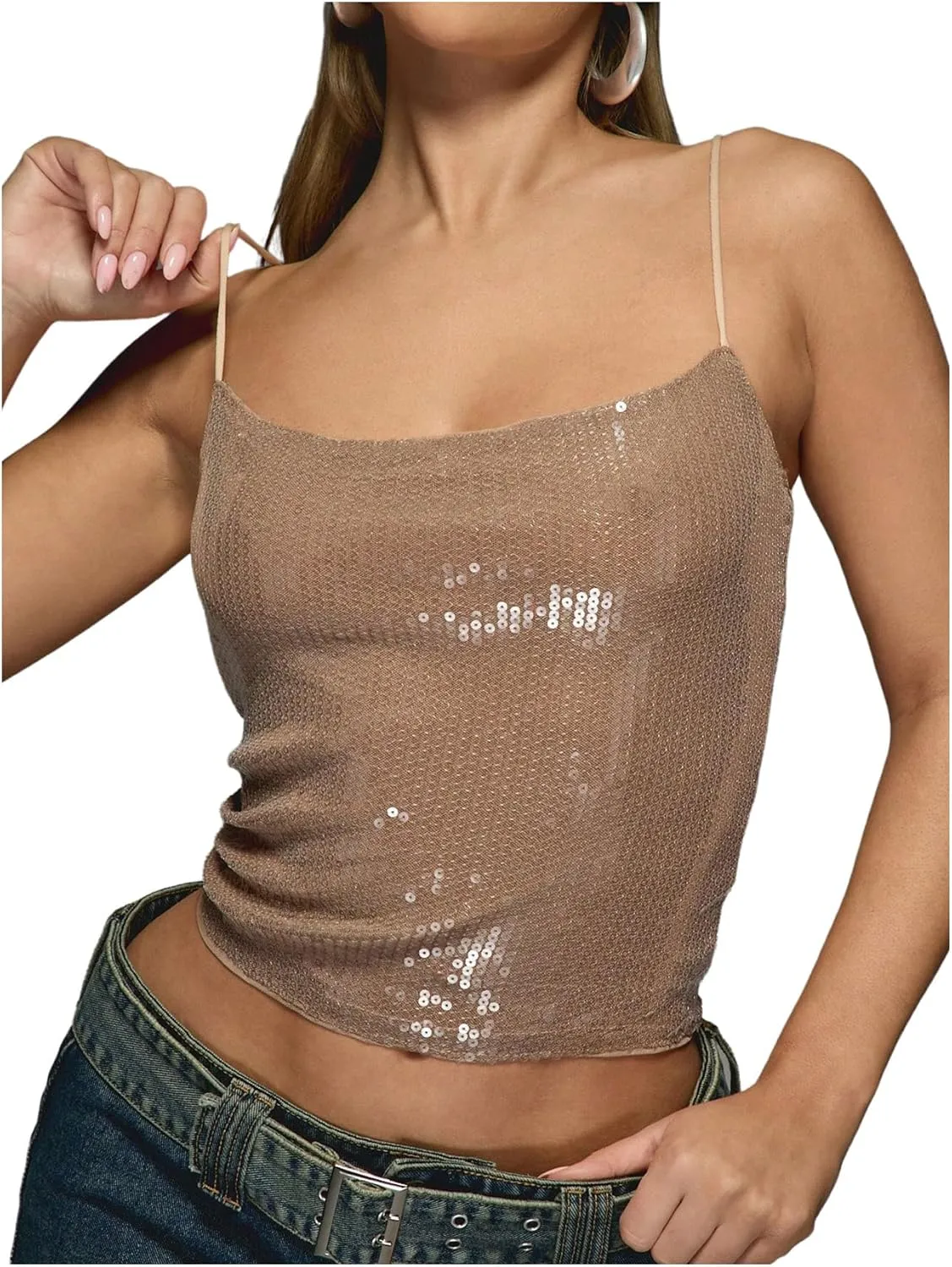 SOLY HUX Women's Glitter Sequin Cami Tops Spaghetti Strap Camisole Sleeveless Party Clubwear Top