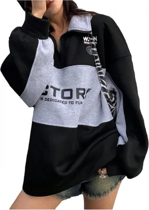 SOLY HUX Women's Letter Graphic Oversized Sweatshirt Half Zip Color Block Drop Shoulder Long Sleeve Pullover Tops