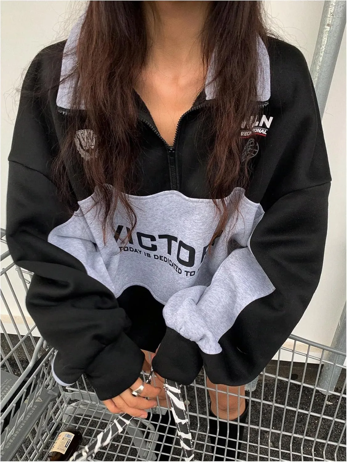 SOLY HUX Women's Letter Graphic Oversized Sweatshirt Half Zip Color Block Drop Shoulder Long Sleeve Pullover Tops