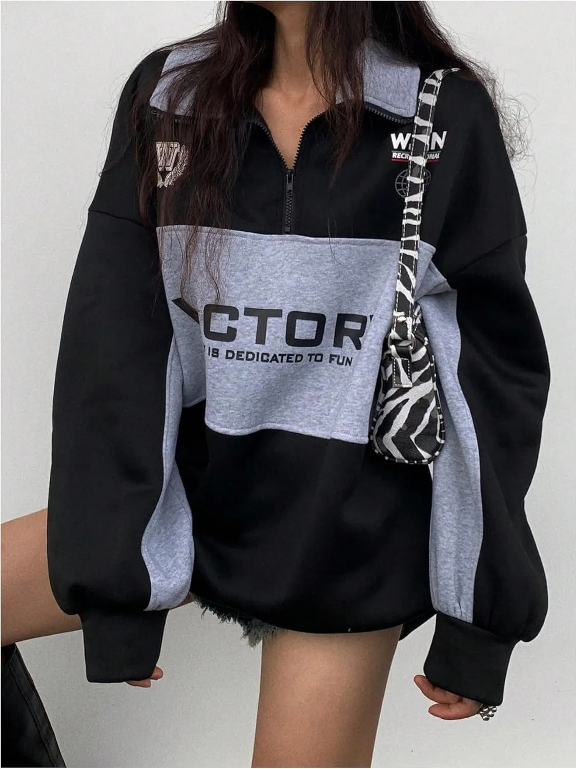 SOLY HUX Women's Letter Graphic Oversized Sweatshirt Half Zip Color Block Drop Shoulder Long Sleeve Pullover Tops