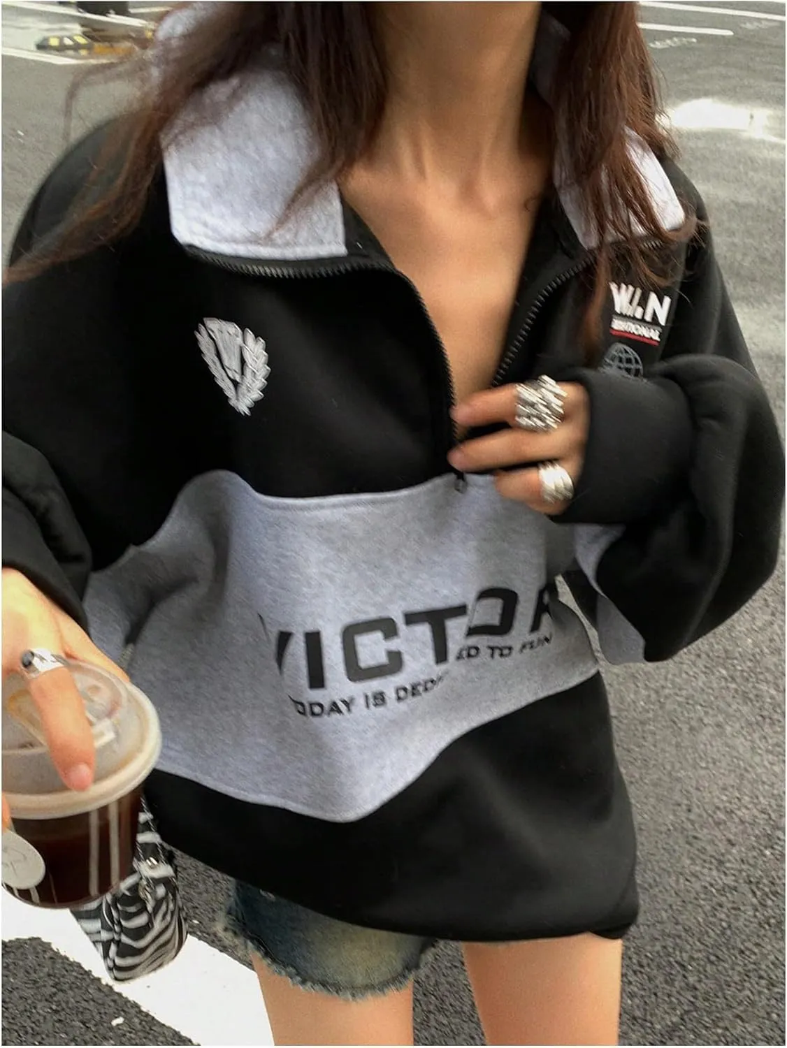 SOLY HUX Women's Letter Graphic Oversized Sweatshirt Half Zip Color Block Drop Shoulder Long Sleeve Pullover Tops