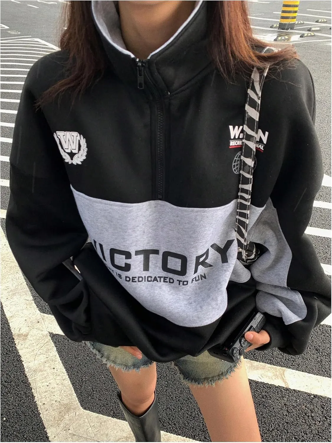 SOLY HUX Women's Letter Graphic Oversized Sweatshirt Half Zip Color Block Drop Shoulder Long Sleeve Pullover Tops