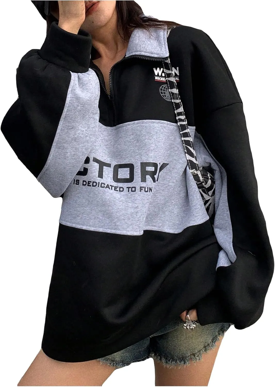 SOLY HUX Women's Letter Graphic Oversized Sweatshirt Half Zip Color Block Drop Shoulder Long Sleeve Pullover Tops