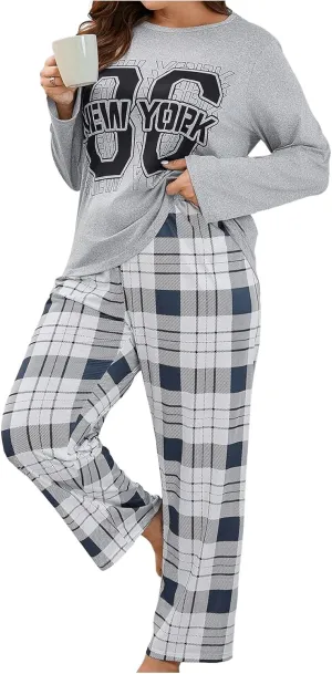 SOLY HUX Women's Plus Size Pajama Set Plaid Letter Graphic Sleepwear Long Sleeve Tee and Pants Loungewear