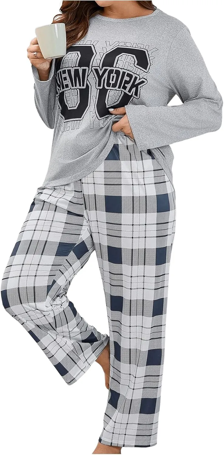 SOLY HUX Women's Plus Size Pajama Set Plaid Letter Graphic Sleepwear Long Sleeve Tee and Pants Loungewear