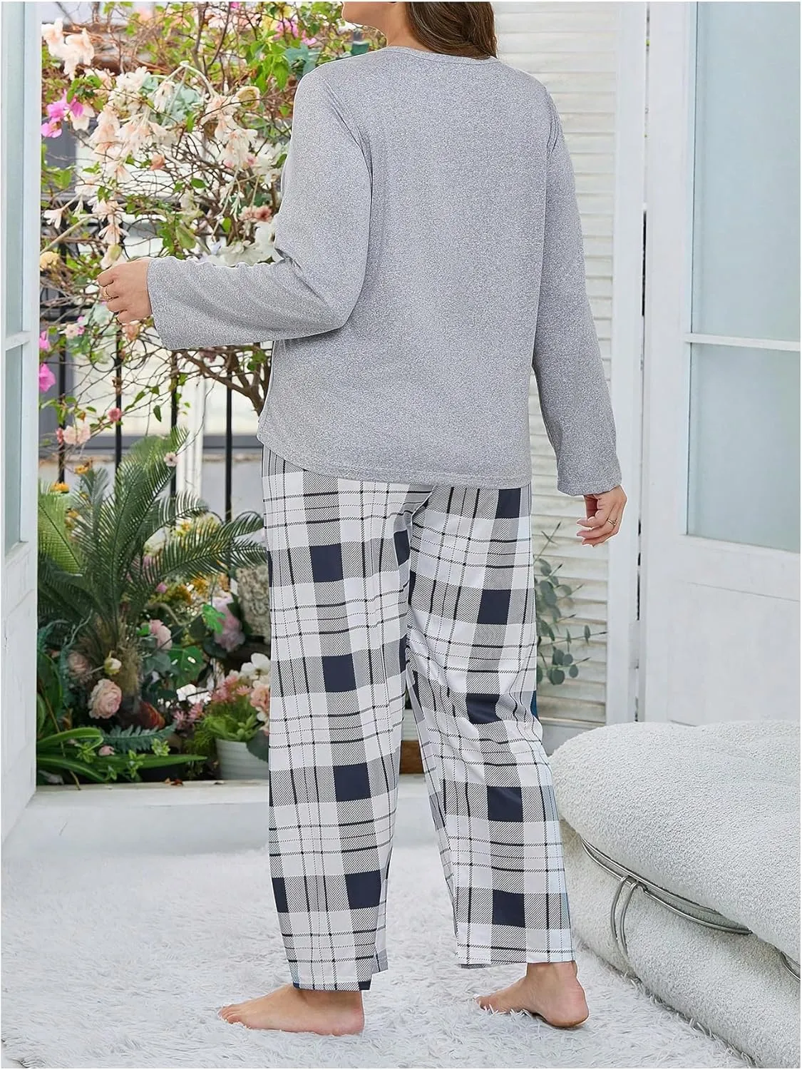 SOLY HUX Women's Plus Size Pajama Set Plaid Letter Graphic Sleepwear Long Sleeve Tee and Pants Loungewear