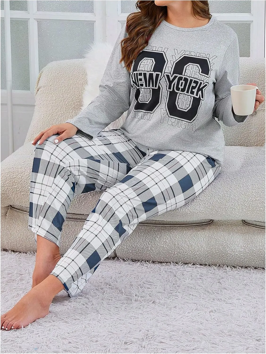 SOLY HUX Women's Plus Size Pajama Set Plaid Letter Graphic Sleepwear Long Sleeve Tee and Pants Loungewear