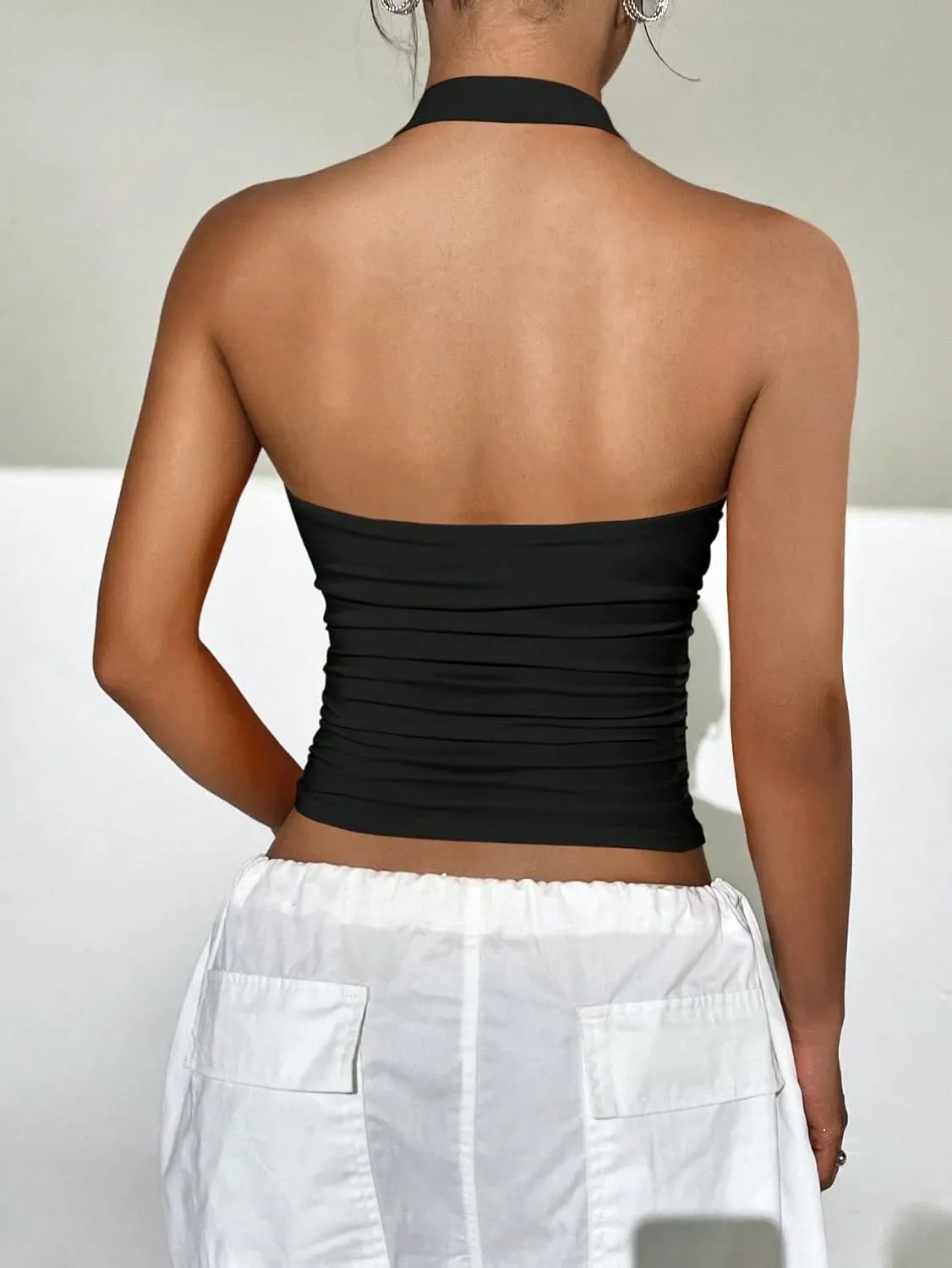 SOLY HUX Women's Ruched Halter Top Backless Sleeveless Fitted Crop Cami Tops Summer Camisole
