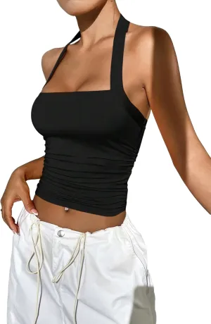 SOLY HUX Women's Ruched Halter Top Backless Sleeveless Fitted Crop Cami Tops Summer Camisole