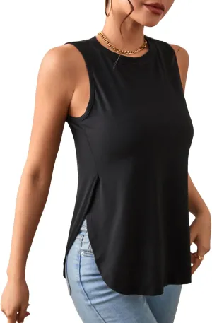 SOLY HUX Women's Sleeveless Split Curved Hem Tank Top Round Neck Casual Summer Tops