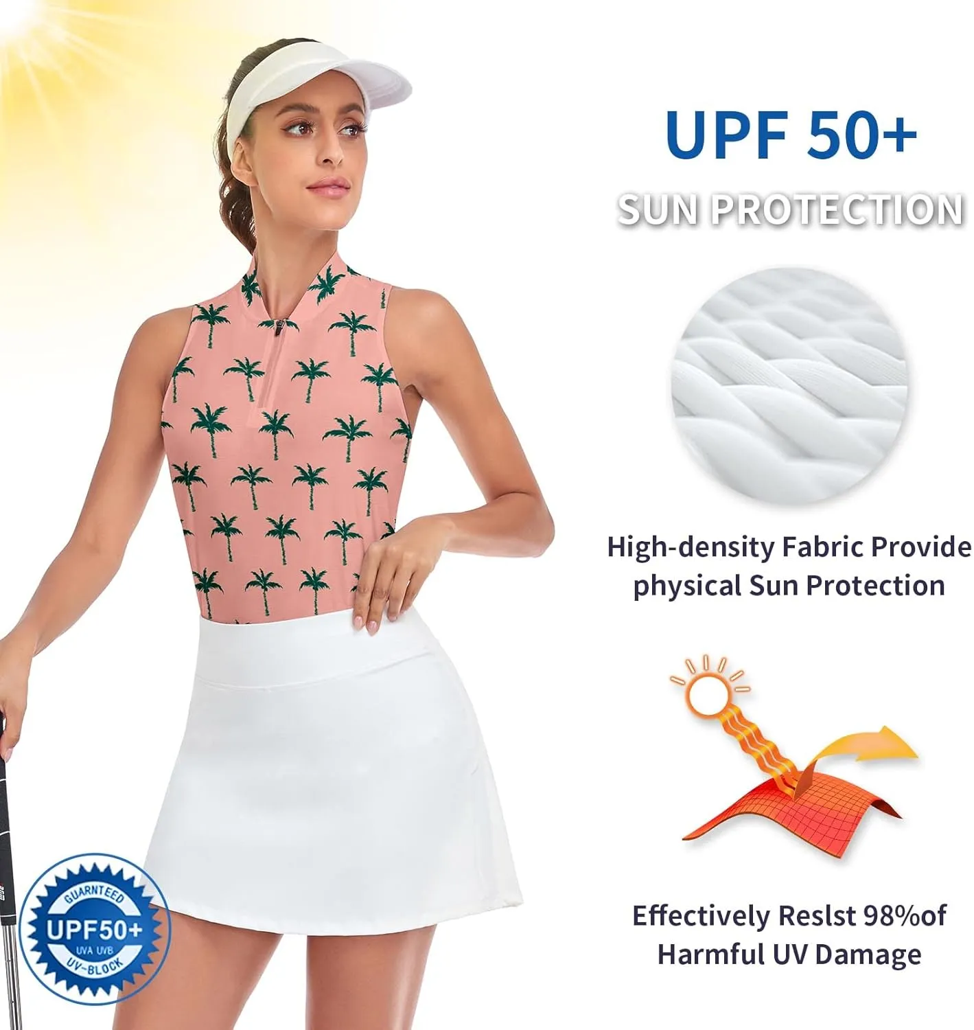 Soneven Women's Sleeveless Printed Polo Golf Shirts Quick Dry V-Neck Lightweight Tennis Tank Tops, 50  UV Protection